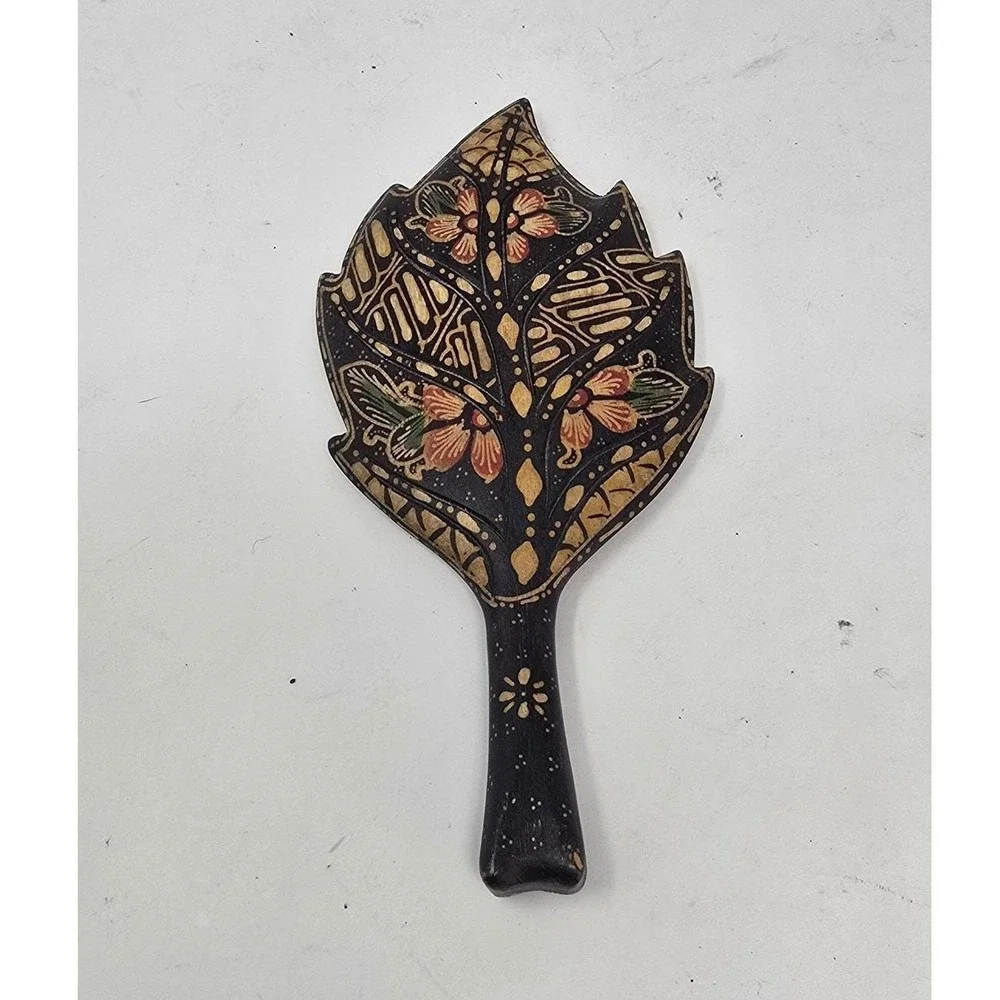 Vtg handheld mirror carved wood Asia Africa tribal earthy boho hippie folk art